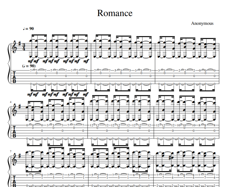 Anonymous - Romance sheet music for guitar
